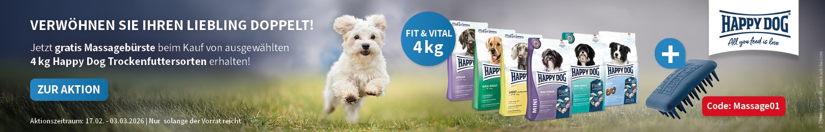 Happy Dog 4kg Fit & Vital + gratis Massagebürste